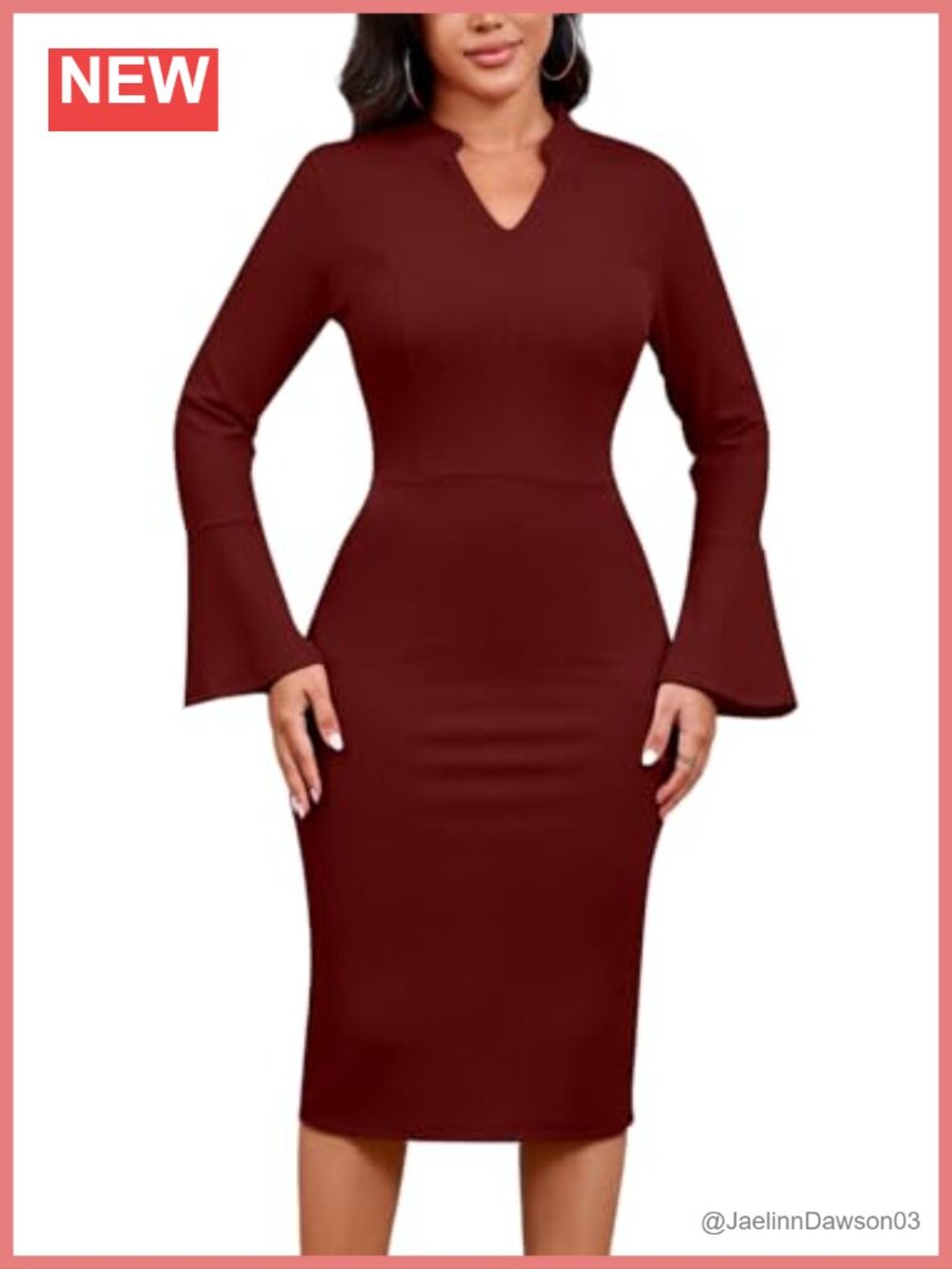 Bell Sleeve Bodycon V Neck Midi Work Dress with Pockets